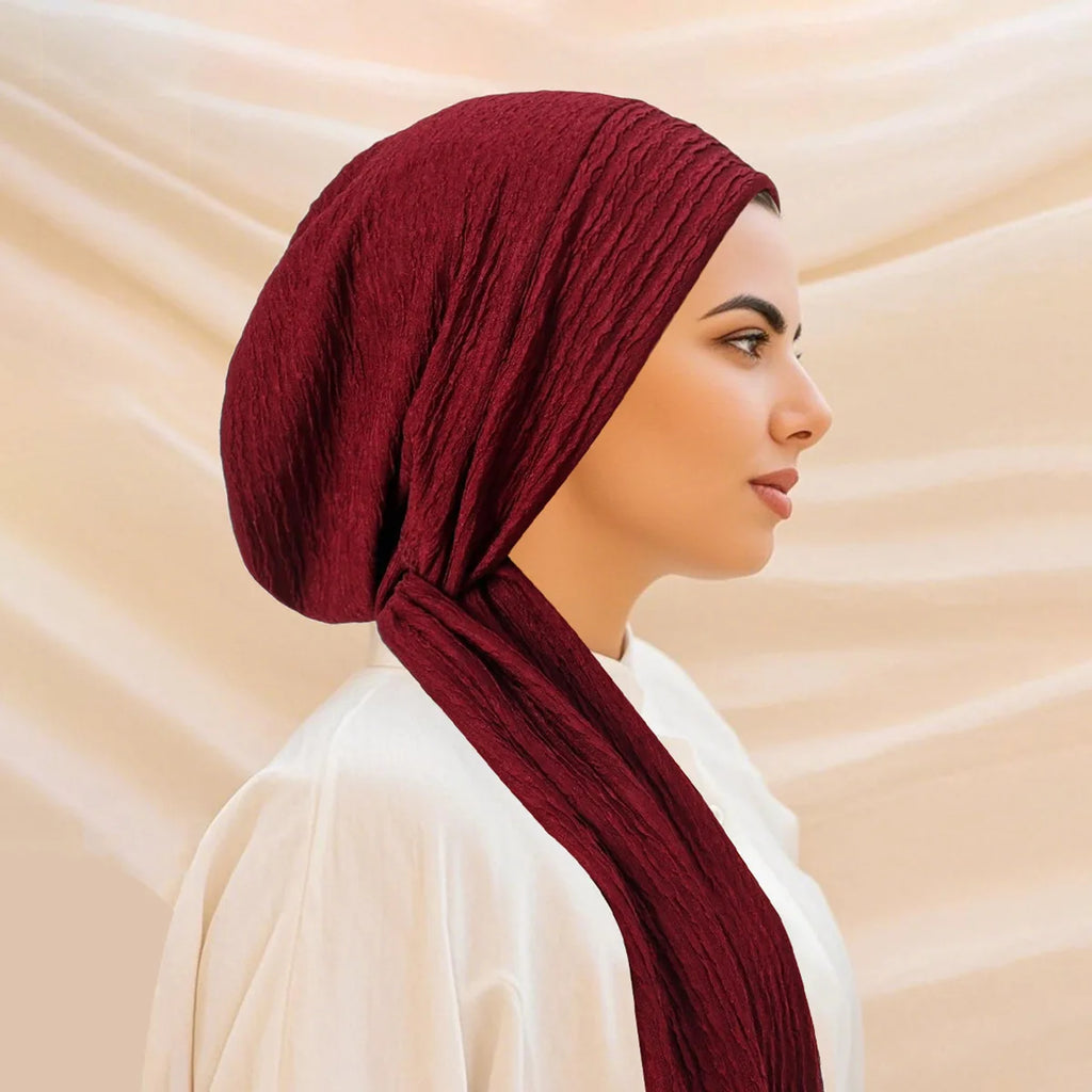 Women Muslim Hijab Pre-Tied Hat Headscarf Wrinkle Long Tail Chemo Cap Bandage Bonnet Head Wrap Bandanas Headband Turbante Mujer
