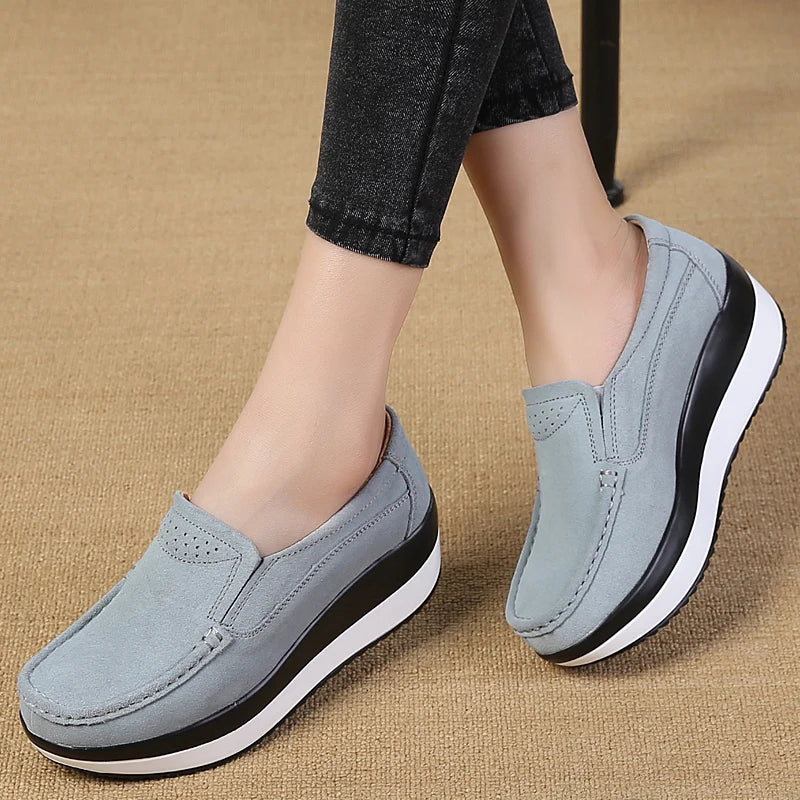 Women Loafers Suede Leather New Thick Sole Footwear Platform Flat Shoes for Women Comfort Wedge Moccasins Slip on Casual Shoes