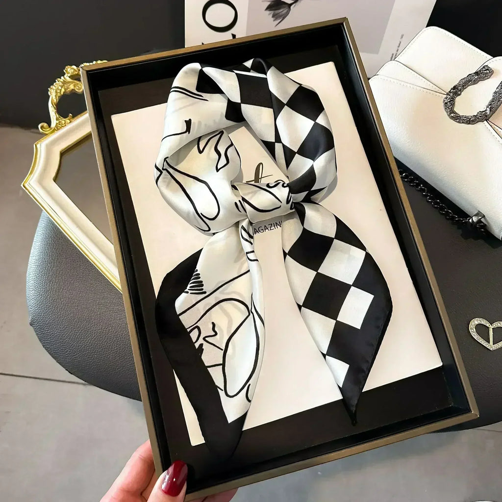 2025 NEW Hijab Head Girl Luxury Silk Square Plaid Scarf Women Satin Neck Hair Tie Band Soft Work Neckerchife