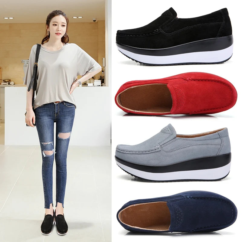 Women Loafers Suede Leather New Thick Sole Footwear Platform Flat Shoes for Women Comfort Wedge Moccasins Slip on Casual Shoes