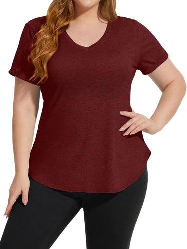 FOREYOND Plus Size Workout Tops for Women T Shirts Loose Fit V Neck Clothing Yoga Casual Summer Red